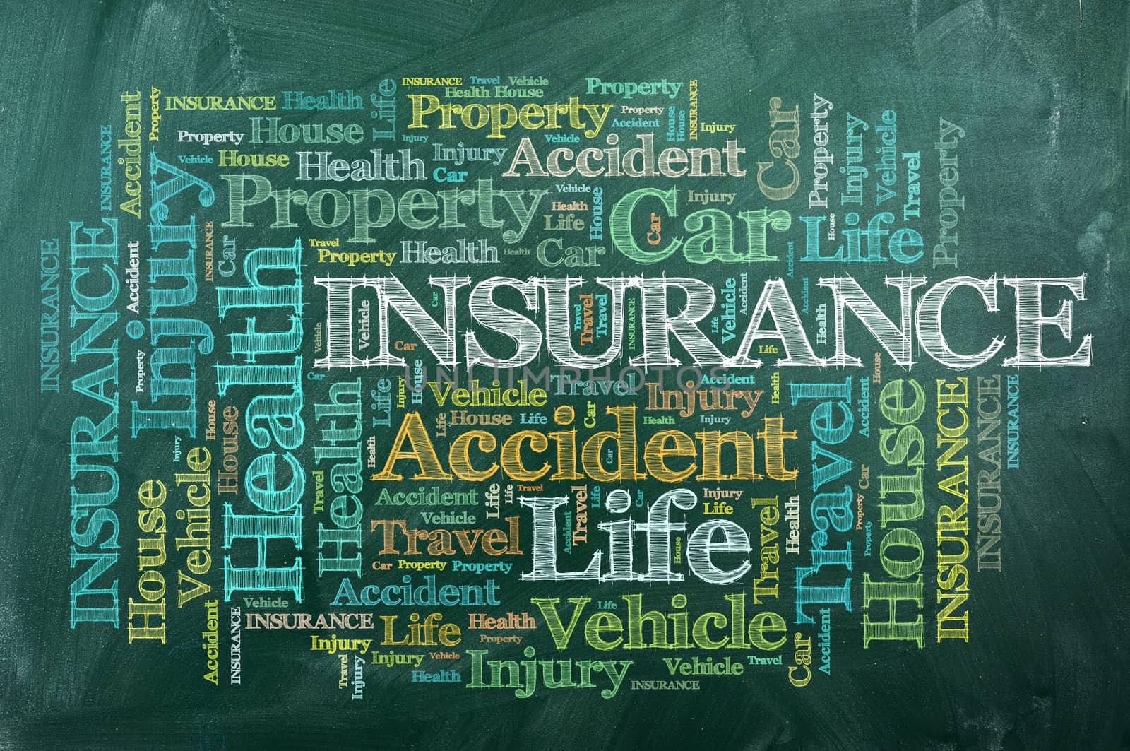 word cloud of Insurance  and other releated words on green  blackboard