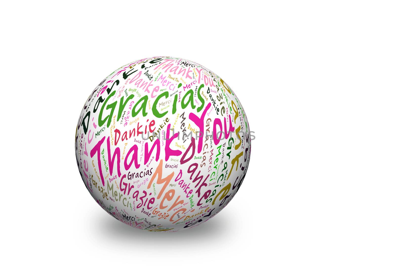 Conceptual thank you word cloud written on 3d sphere. Terms in different languages such as merci, mahalo, danke, gracias, kitos, grazie and more.