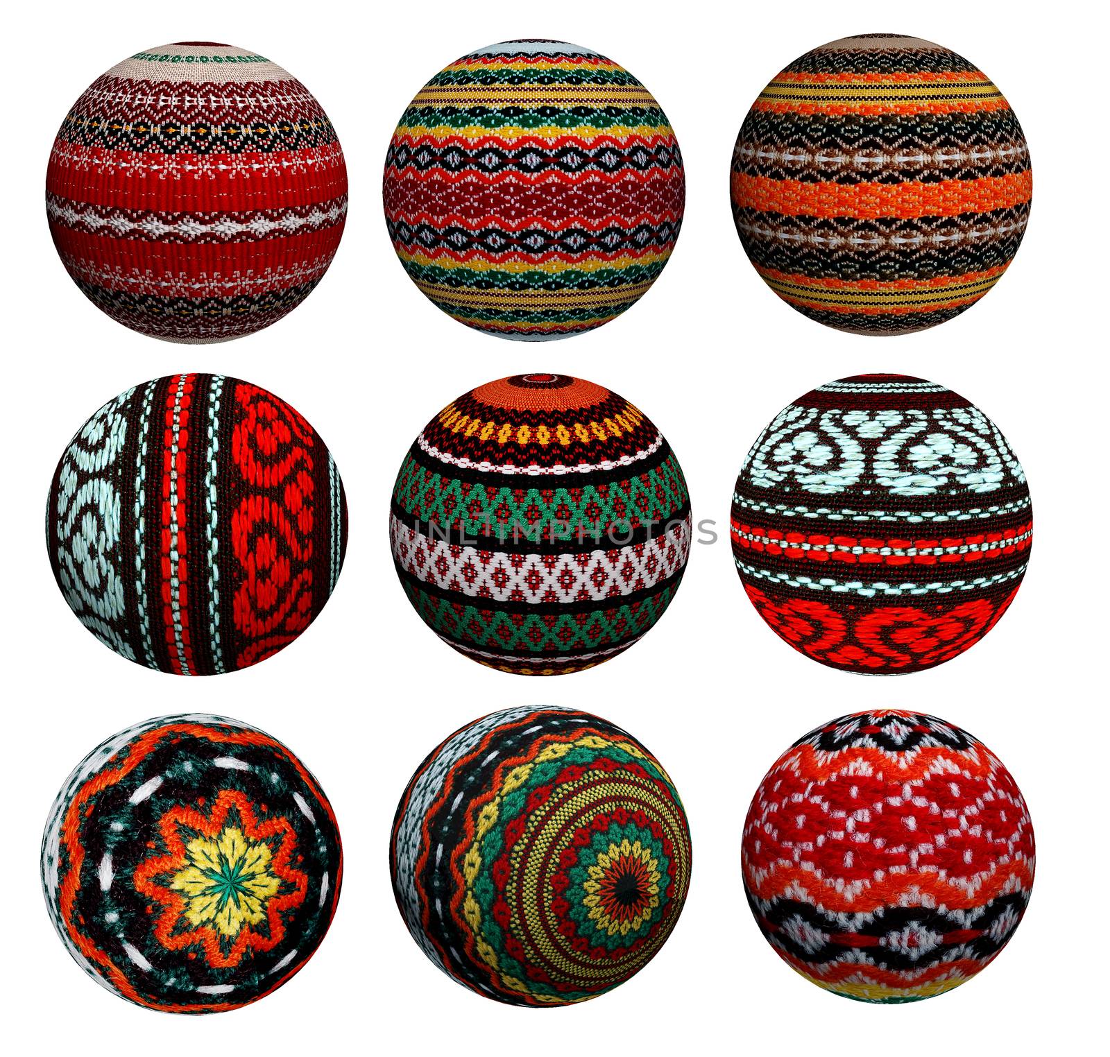 Collection of attractive decorative colored balls made of fabric. Suitable for Christmas and more.