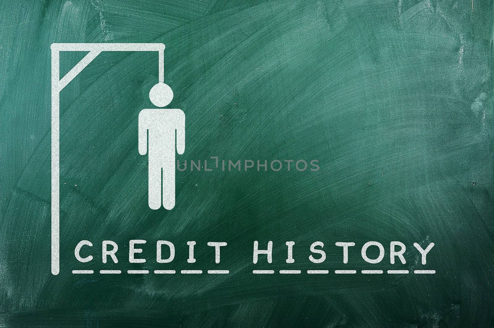gallows game-businessman bancruptcy on green blackboard and text "credit history"