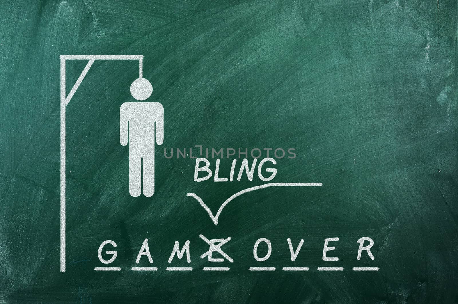 gallows game on green blackboard and text "Gambling  Over" .Gambling addiction concept