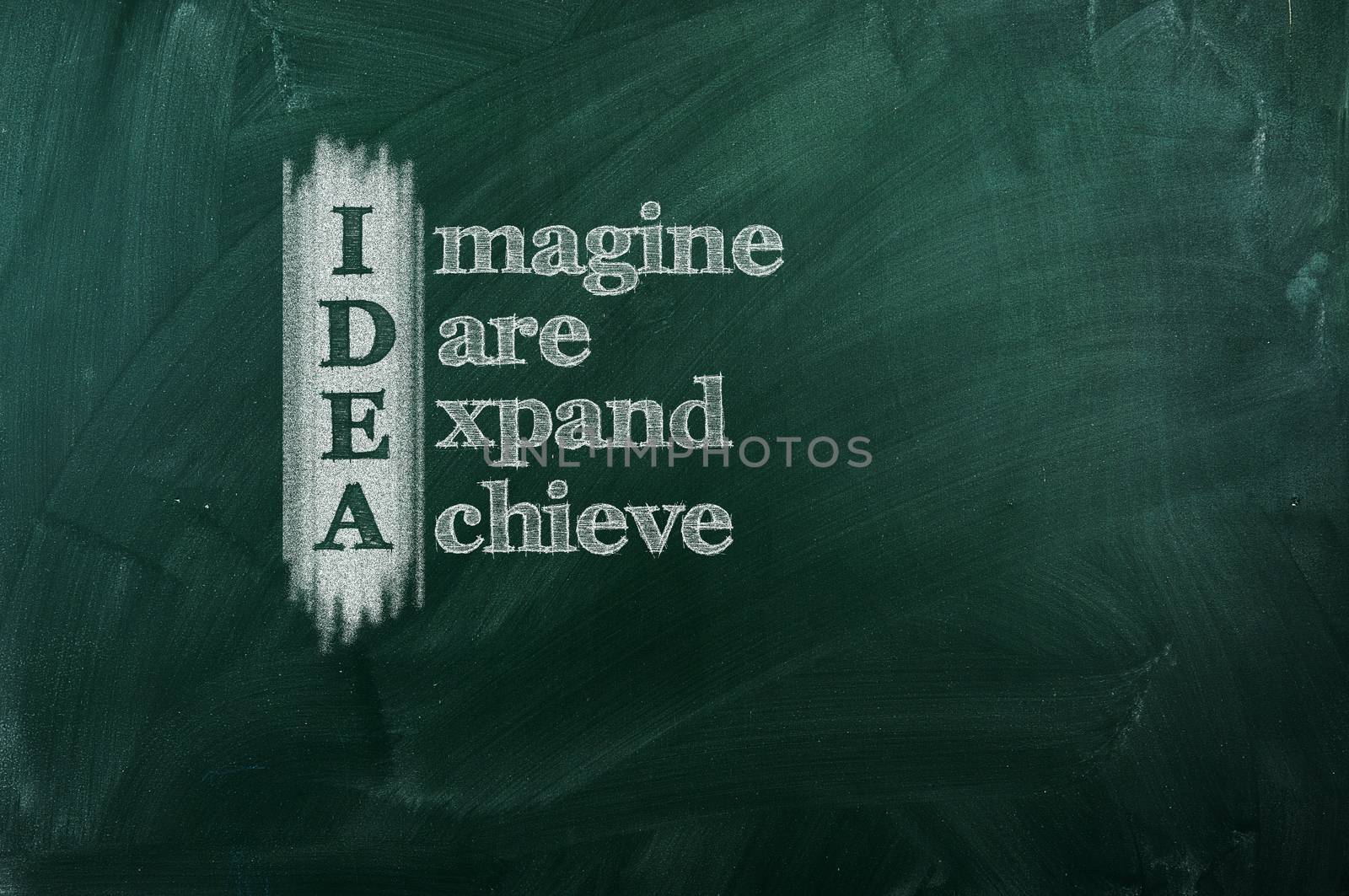 IDEA acronym -" Imagine,Dare,Expand,Achieve". Drawn with chalk on a blackboard 