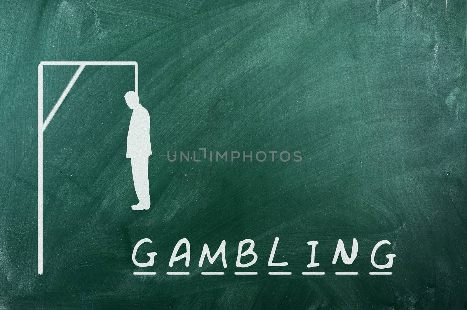 Hangman game on green chalkboard ,concept of gambling addiction