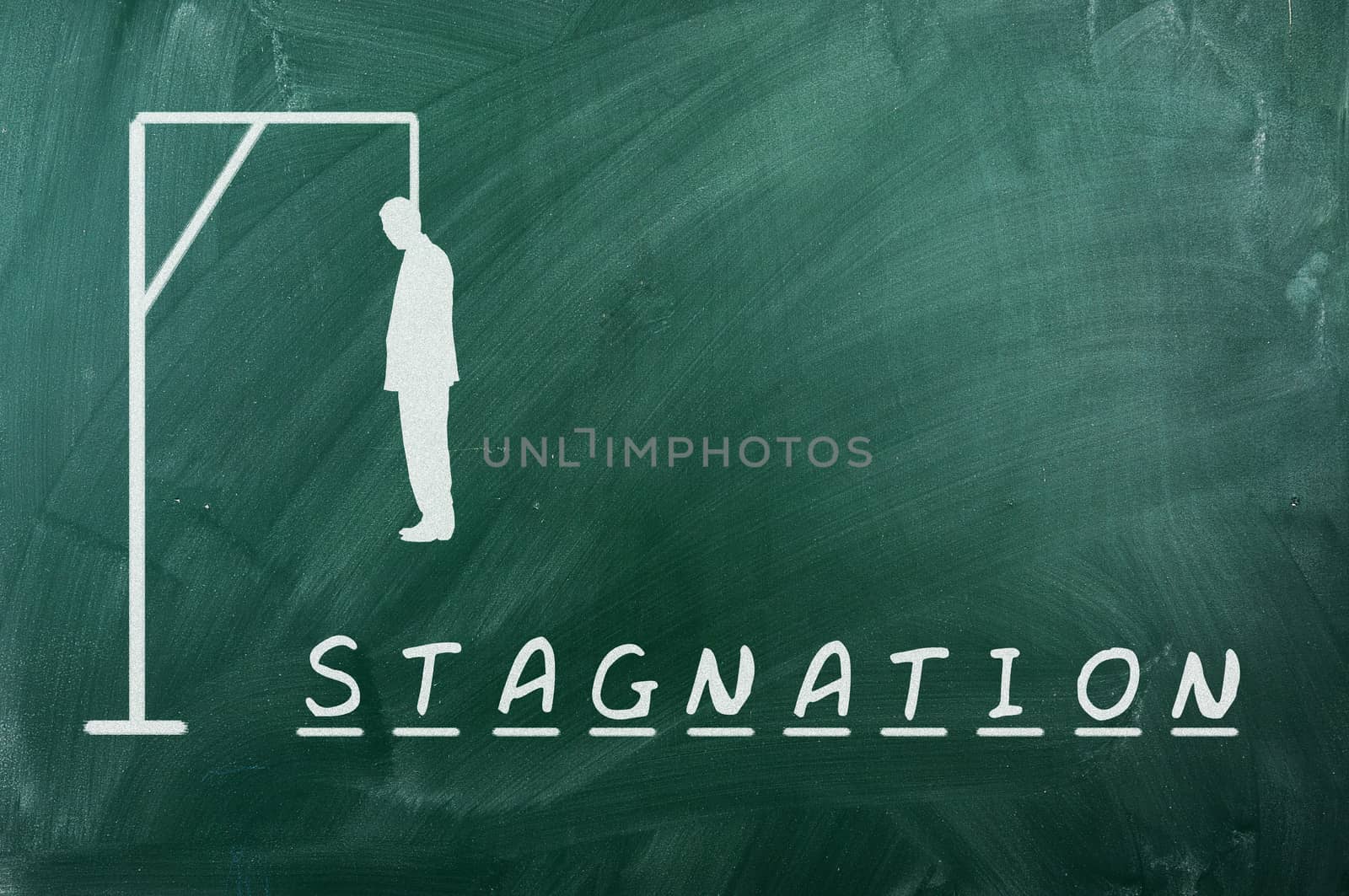 Hangman game on green chalkboard ,concept of stagnation