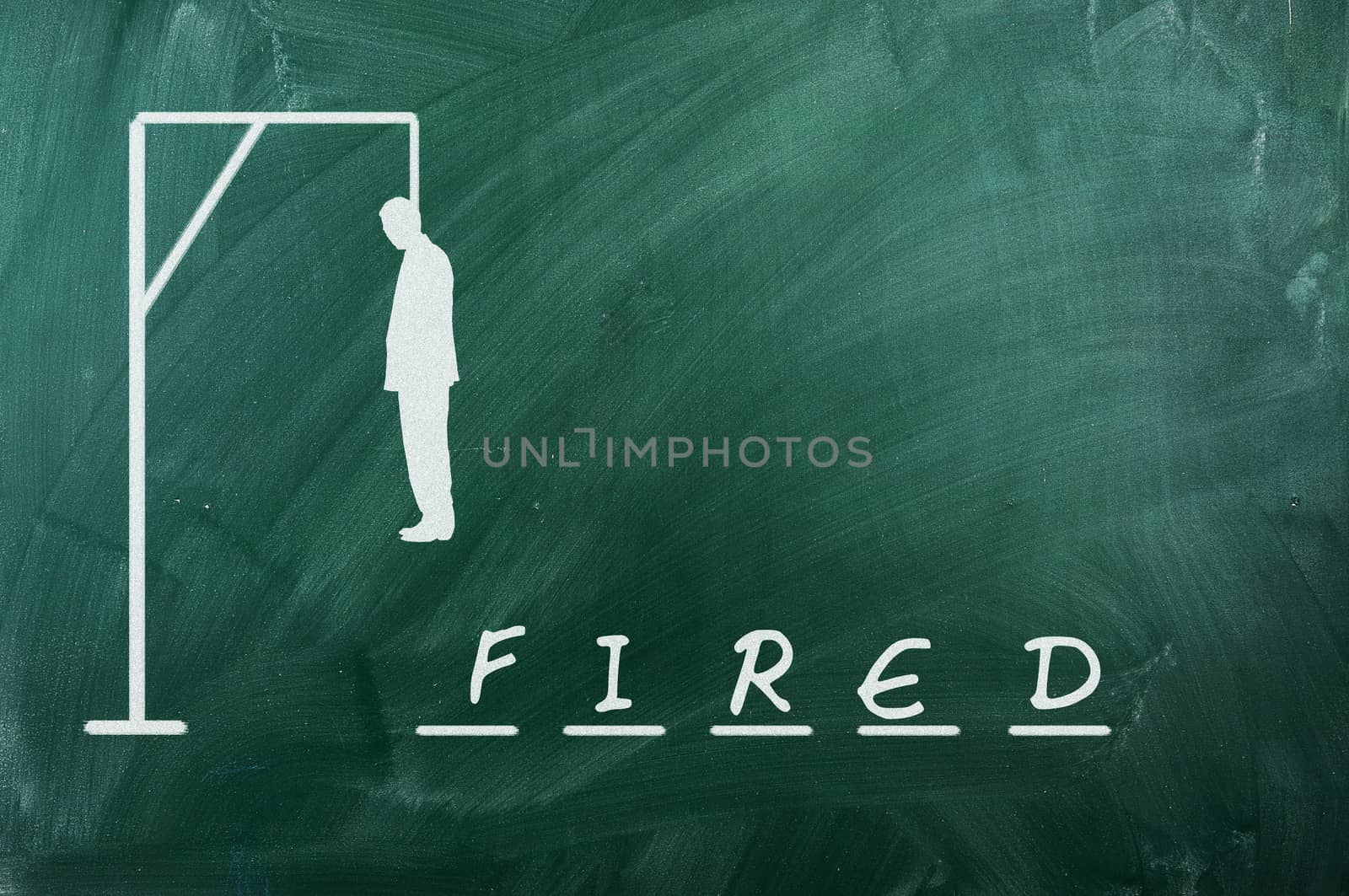 Hangman game on green chalkboard ,concept of fired