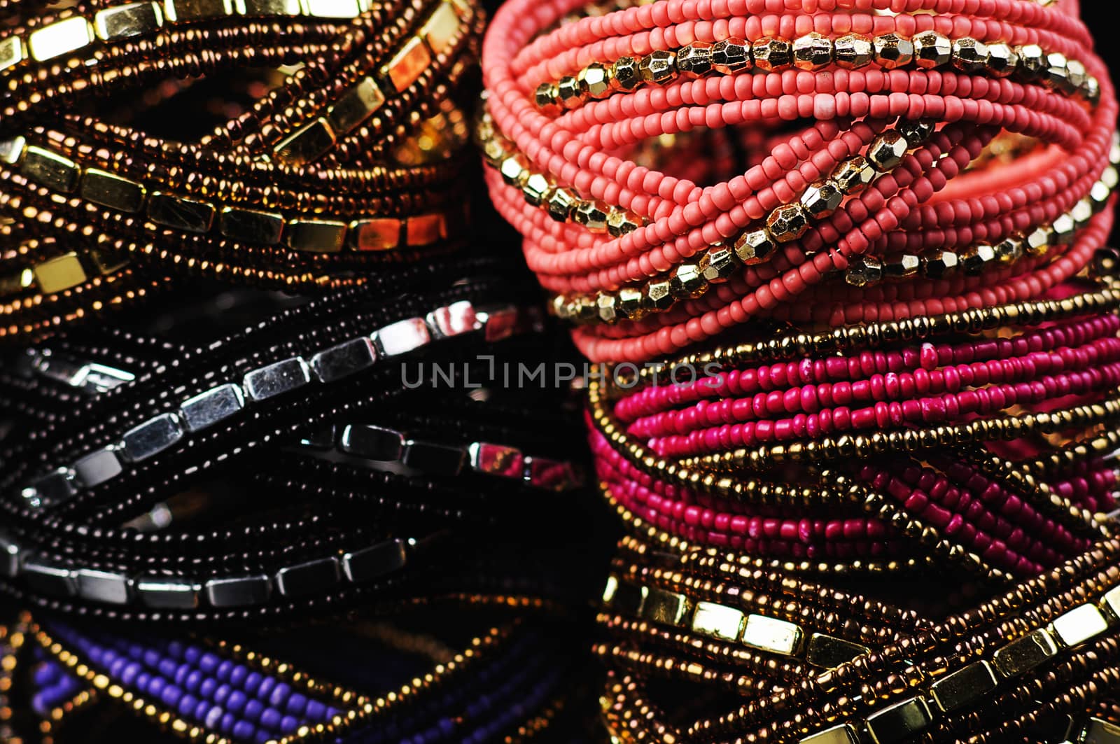 closeup of  stack of  Handmade beads bracelet
