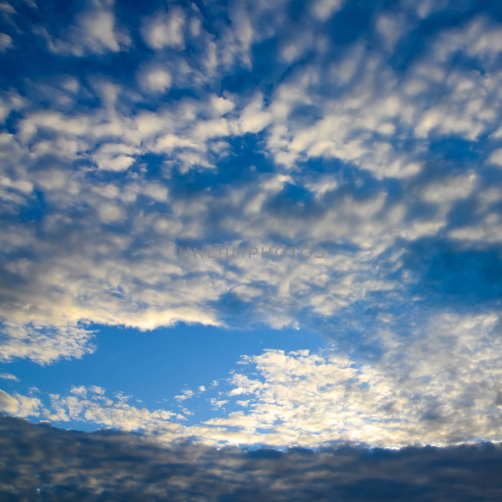 The blue sky and white fluffy clouds .