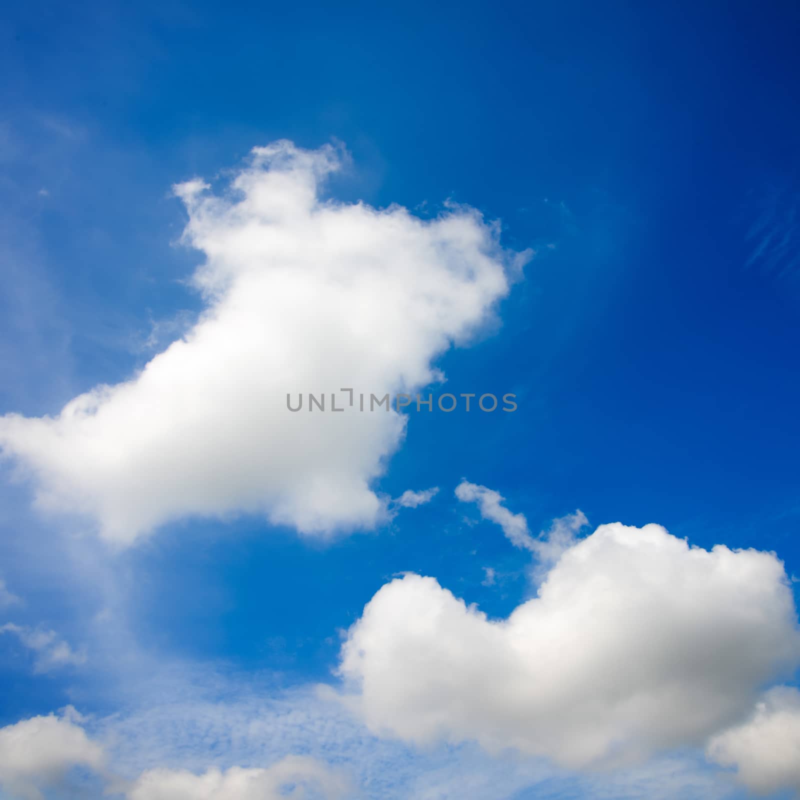 The blue sky and white fluffy clouds .