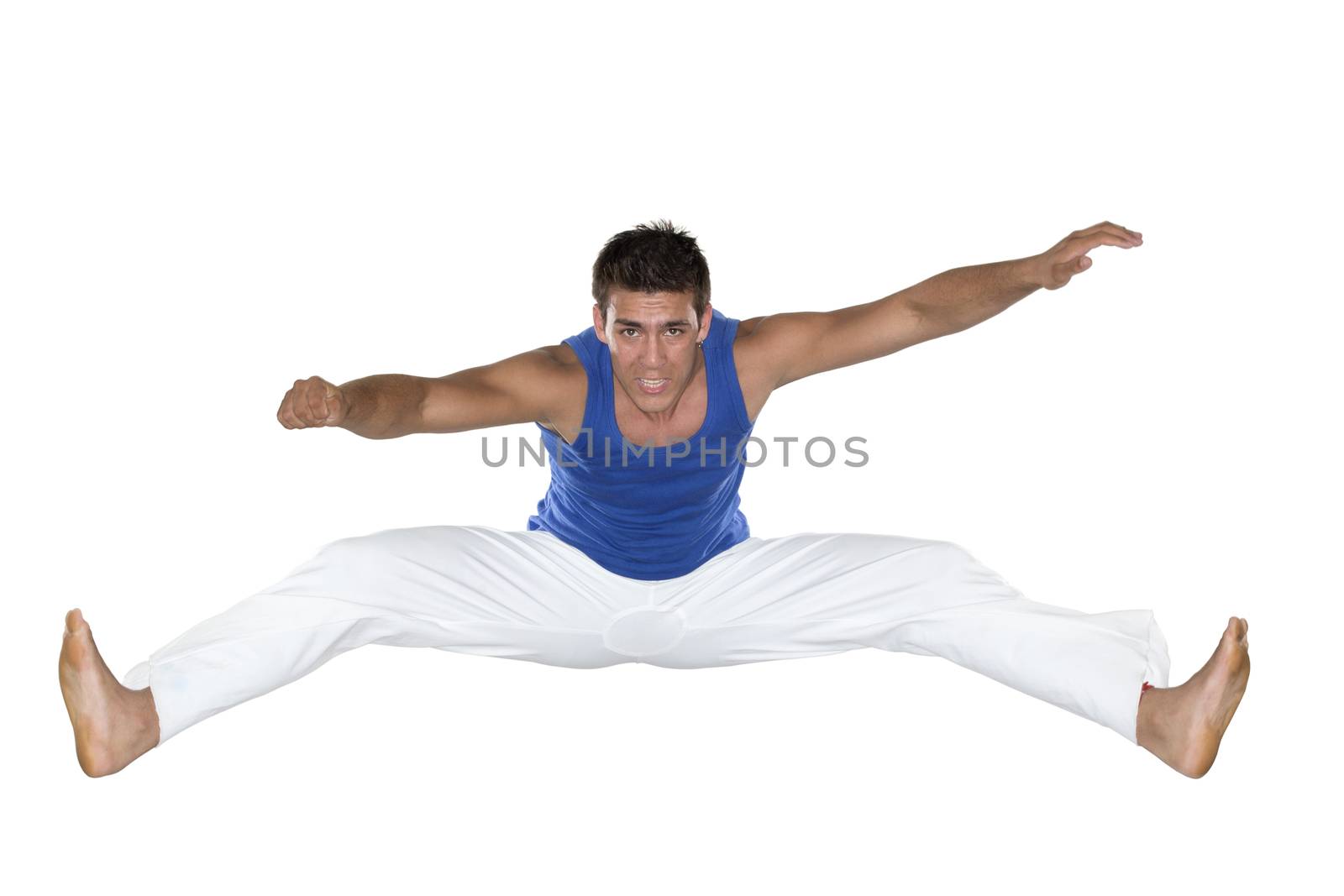 Capoeira, Brazilian Man jumping, white and blue by BrazilPhoto