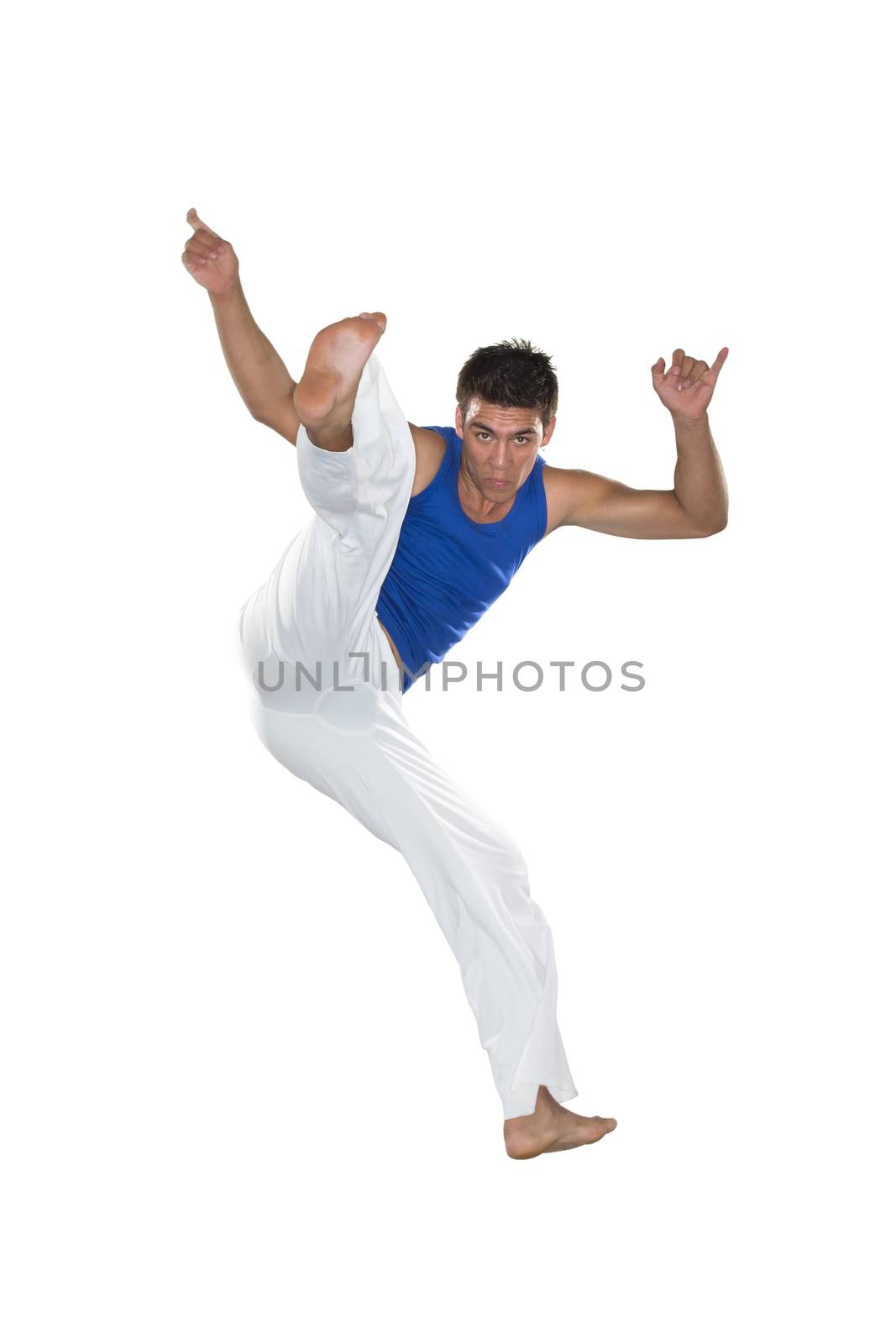 Capoeira, Brazilian Man jumping, white and blue by BrazilPhoto