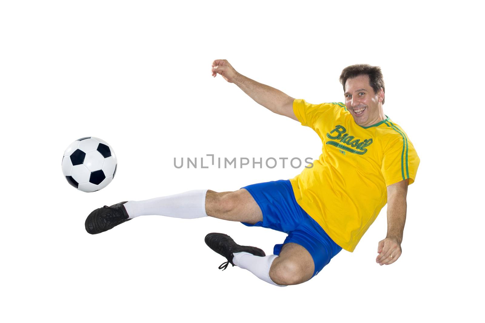 Brazilian Soccer player, jumping, yellow and blue by BrazilPhoto