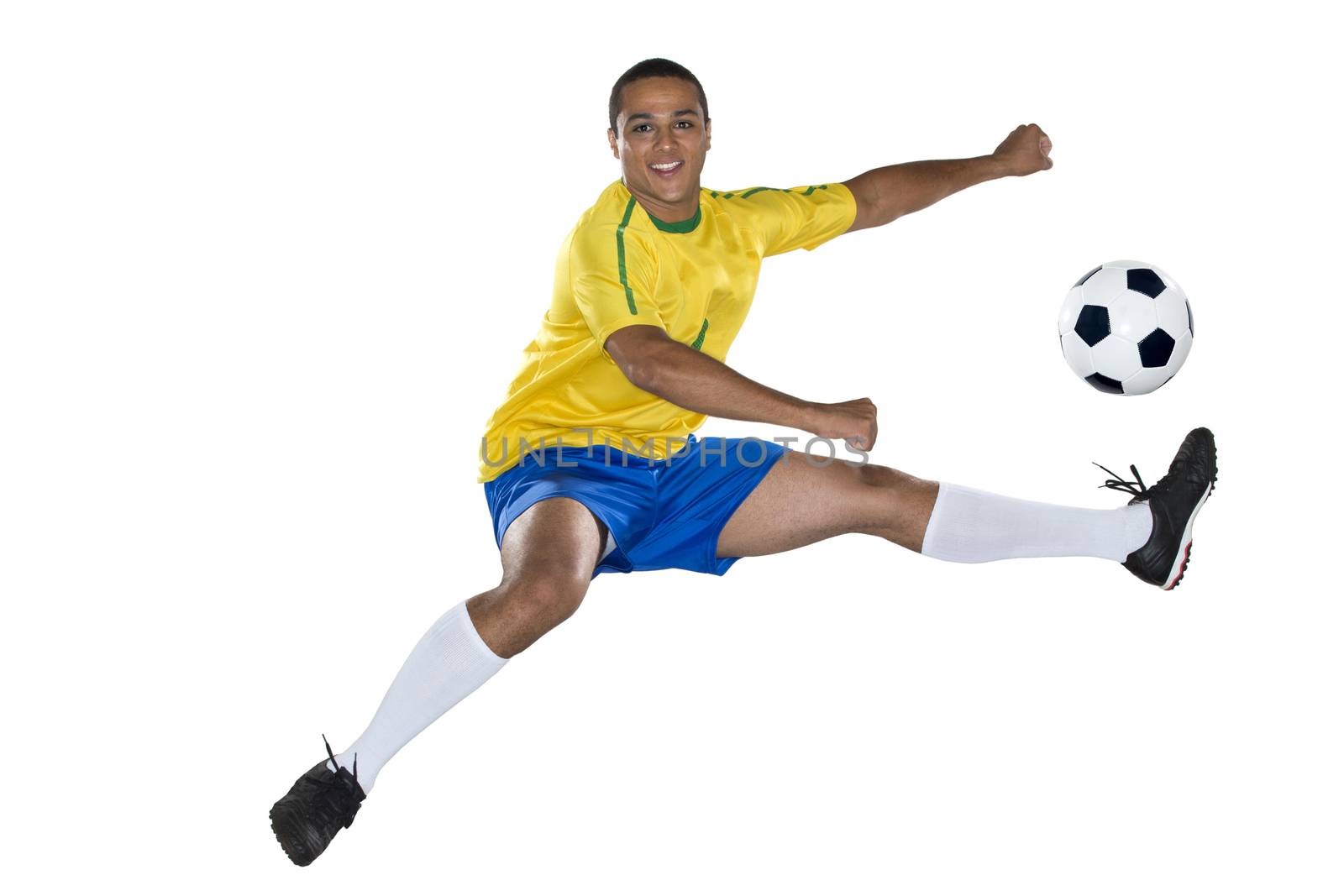 Brazilian Soccer player, jumping, yellow and blue by BrazilPhoto