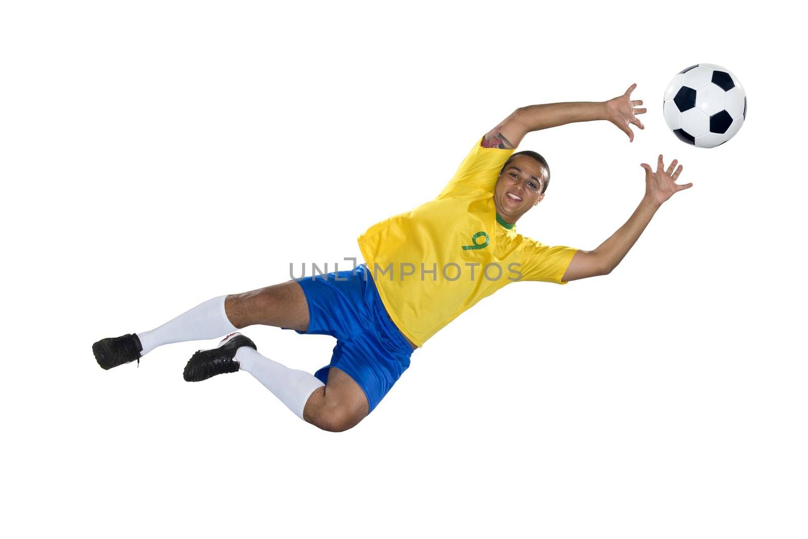 Brazilian Soccer player, jumping, yellow and blue by BrazilPhoto