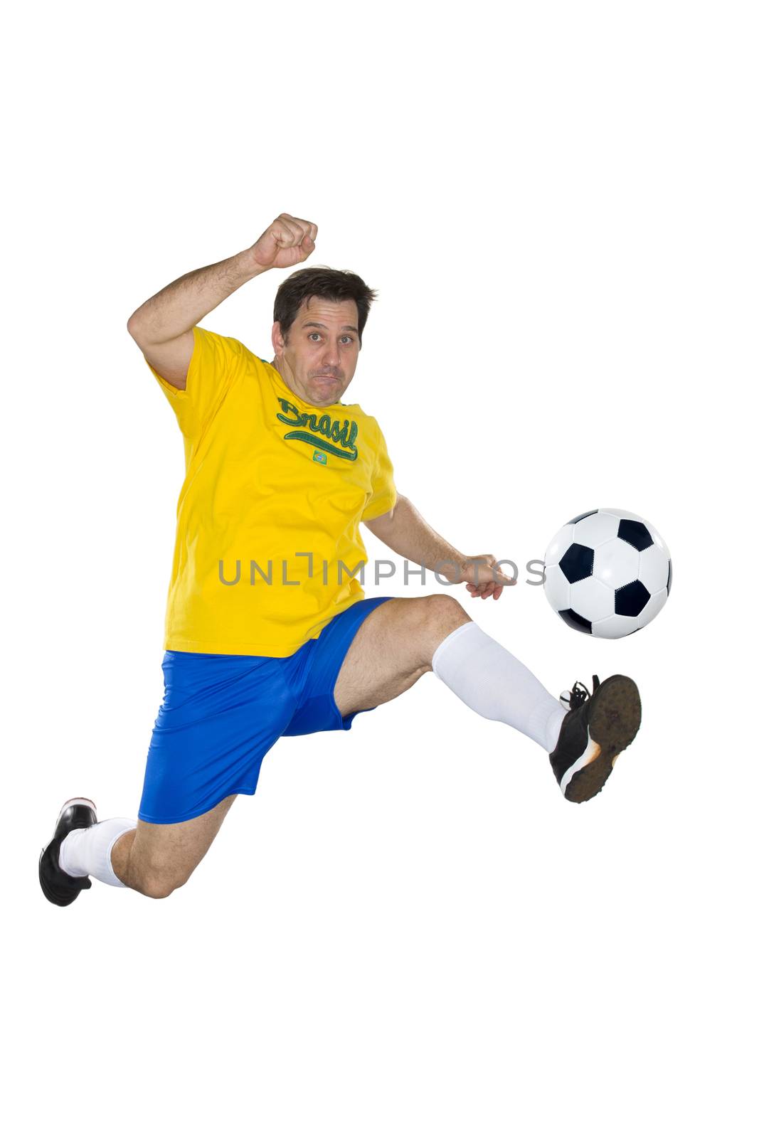 Brazilian Soccer player, jumping, yellow and blue by BrazilPhoto