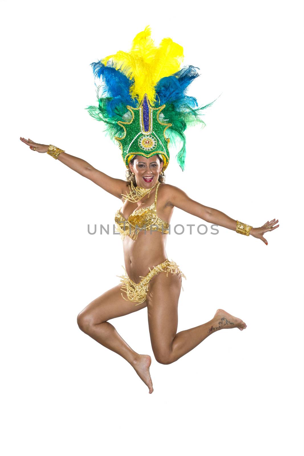 Carnival, Samba Dancer, jumping, dressed in feather costume by BrazilPhoto