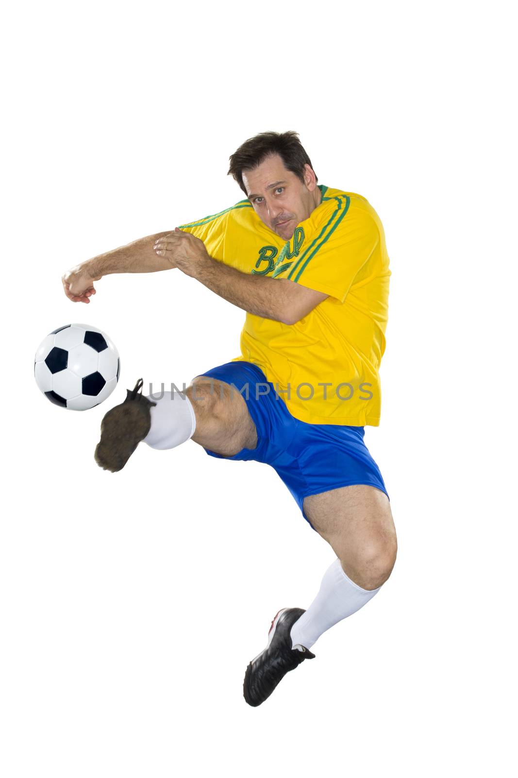 Brazilian Soccer player, jumping, yellow and blue by BrazilPhoto