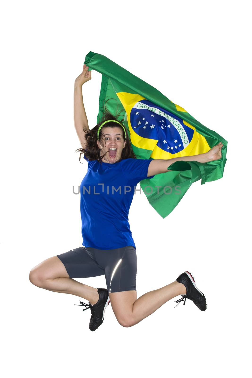 Brazilian female fan, jumping with flag