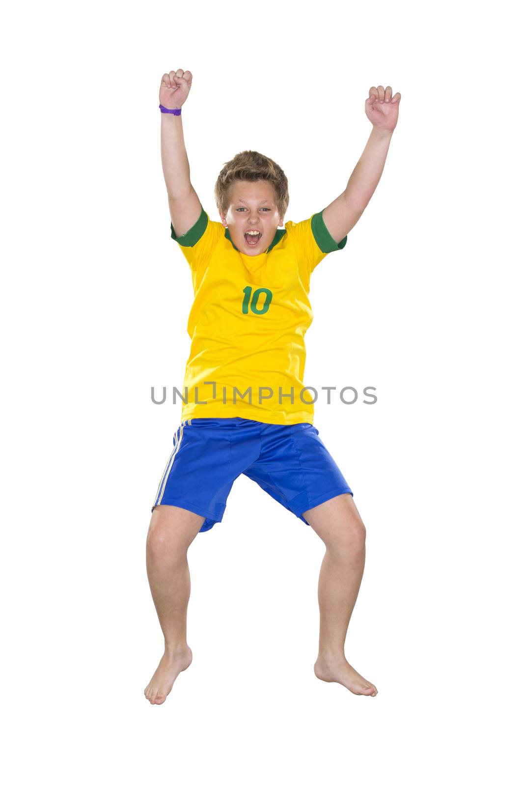 Brazilian Boy, jumping, yellow and blue by BrazilPhoto