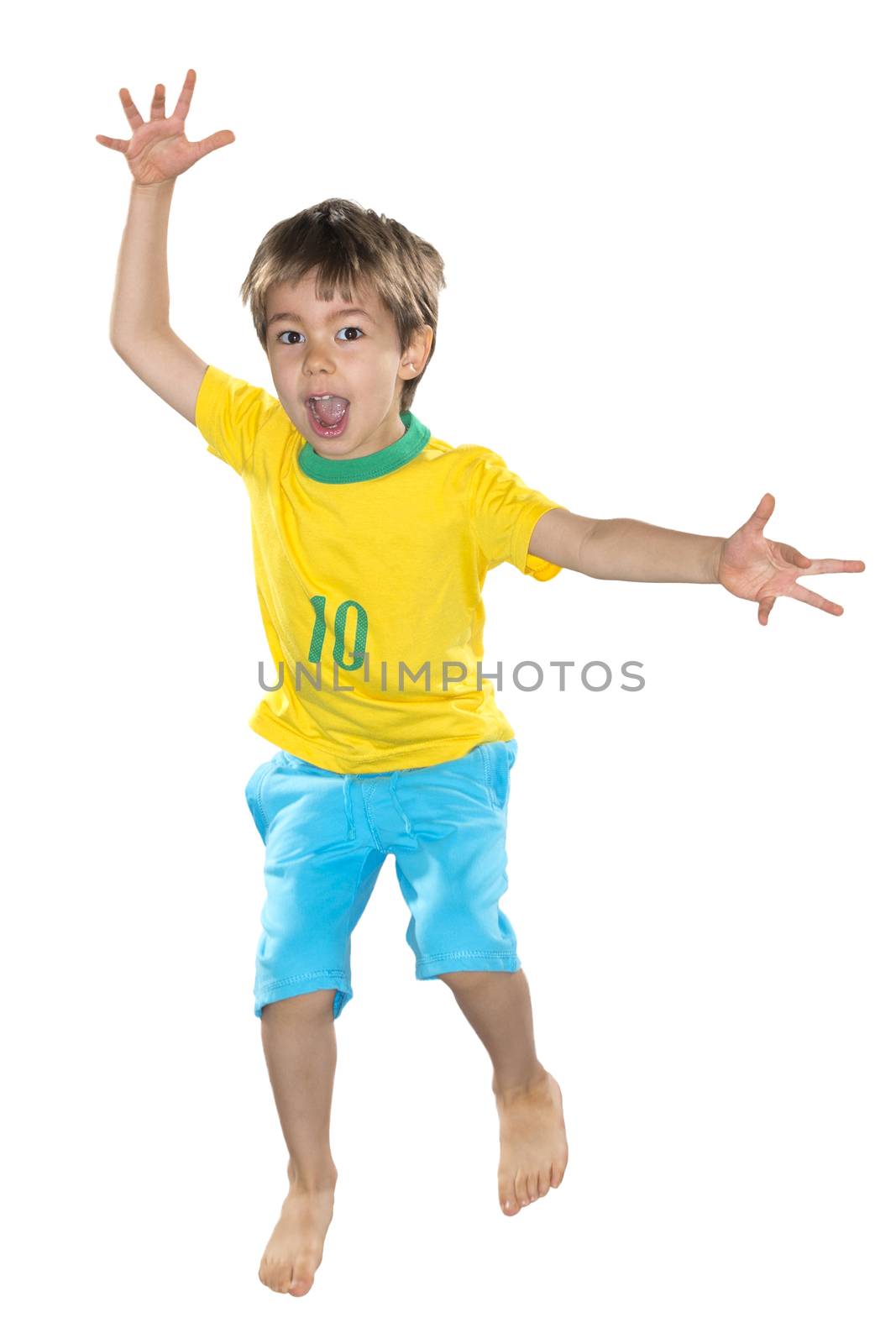 Brazilian Boy, jumping, yellow and blue