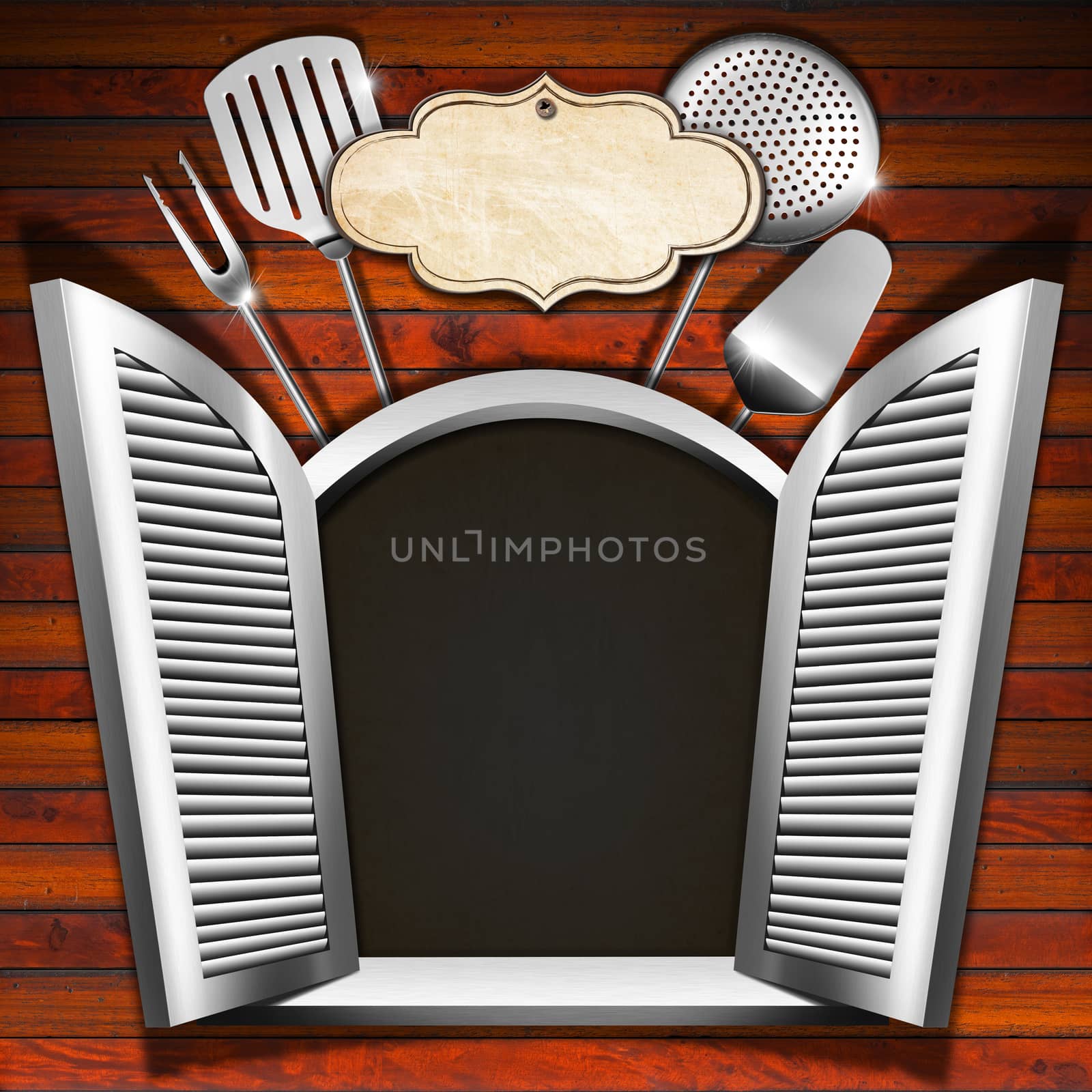 Wooden white window (inside black) with open shutters, kitchen utensils and empty label on wooden wall