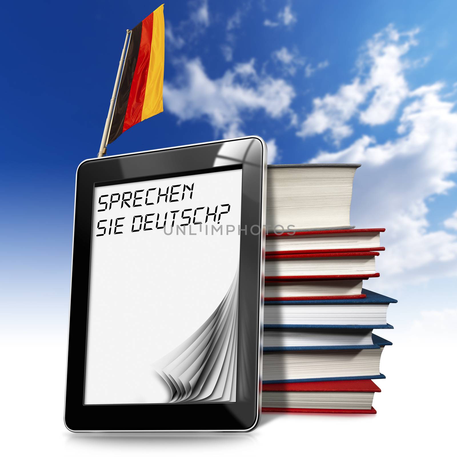 Black tablet computer with pages and phrase "Sprechen Sie Deutsch?" on display, stack of books and German flag on a blue sky