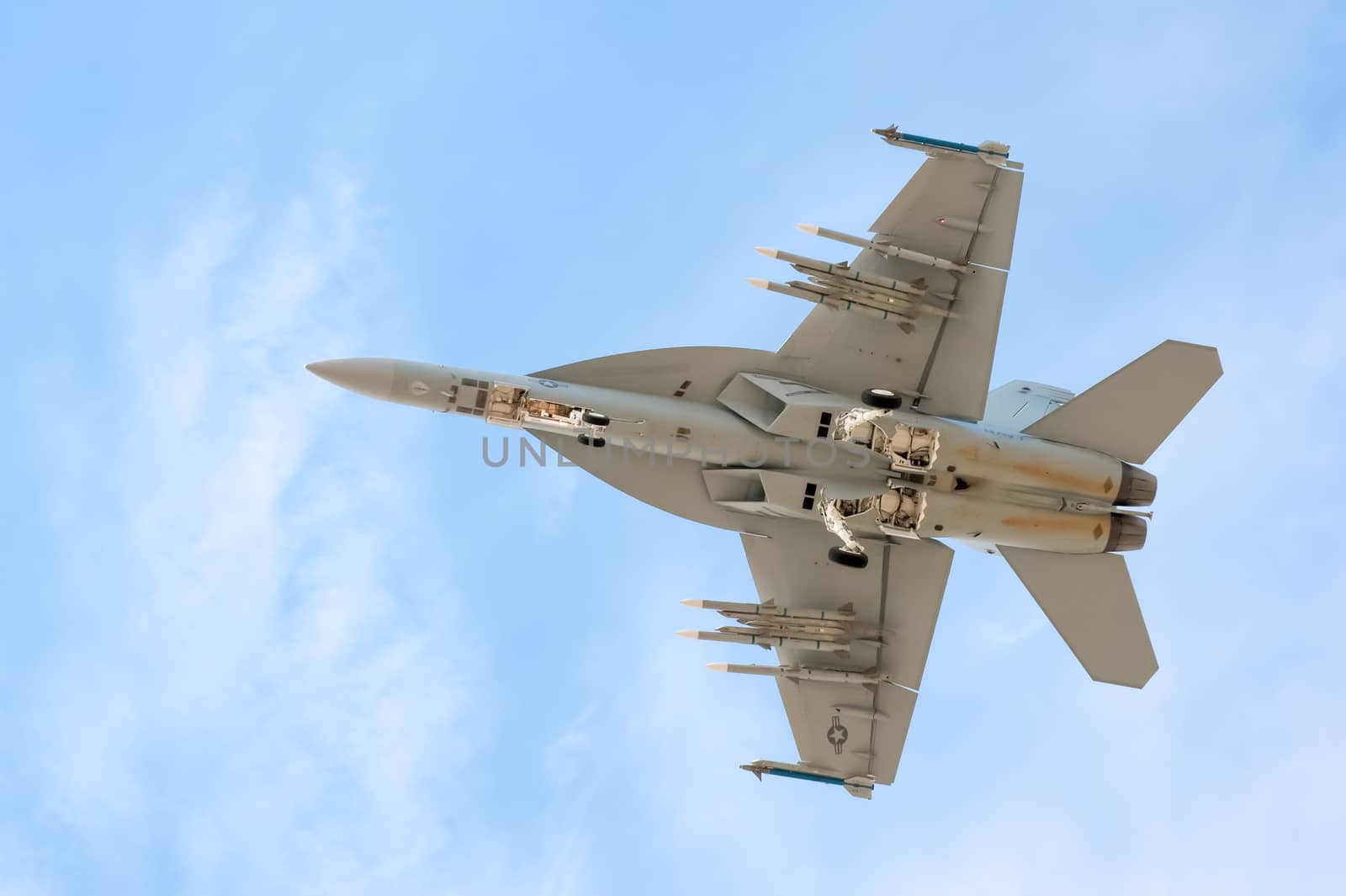 Farnborough, UK - July 20, 2010: US Navy F-18 Super Hornet with full undercarriage extension at the Farnborough Airshow, UK