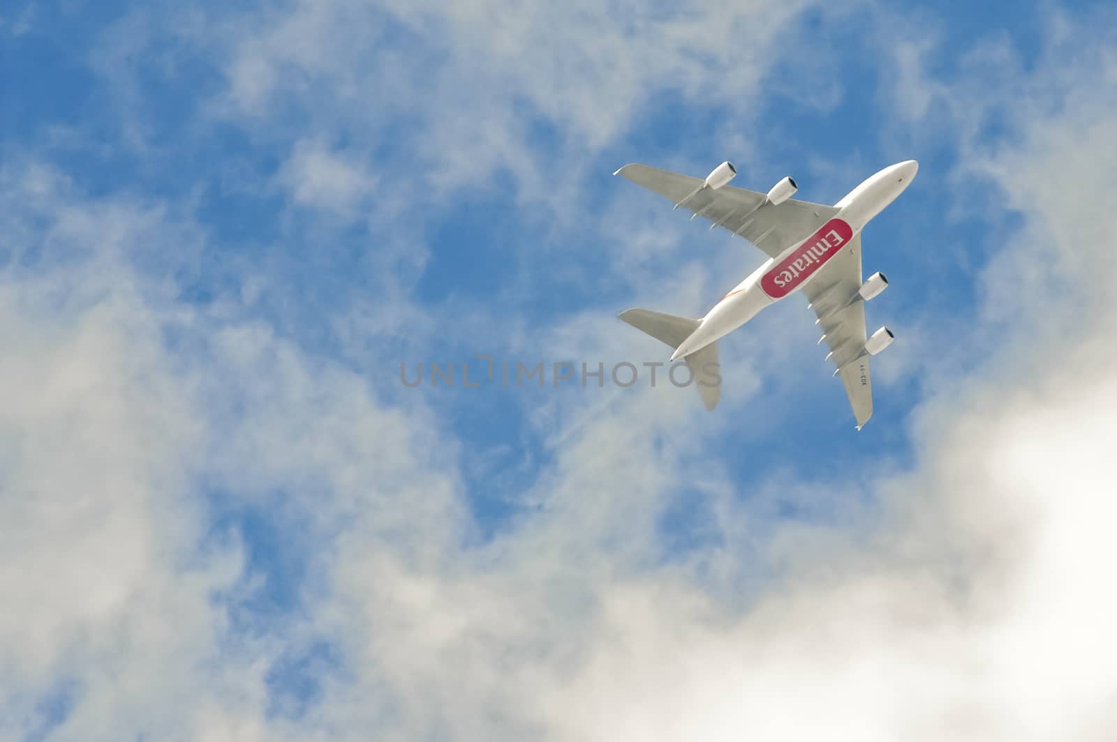 Gatwick, UK - 14 May, 2011: Emirates AIrbus A380 flying at about 1000 metres just after take-off from Gatwick Airport, UK