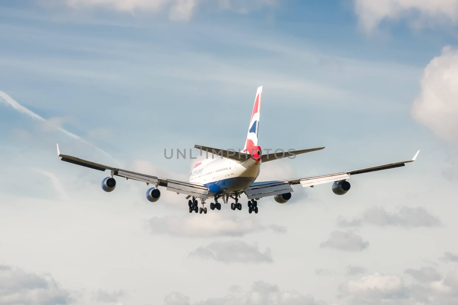 London, Heathrow, UK - October 30, 2012: British Airways Boeing 747 on landing approach to London Heathrow Airport, UK