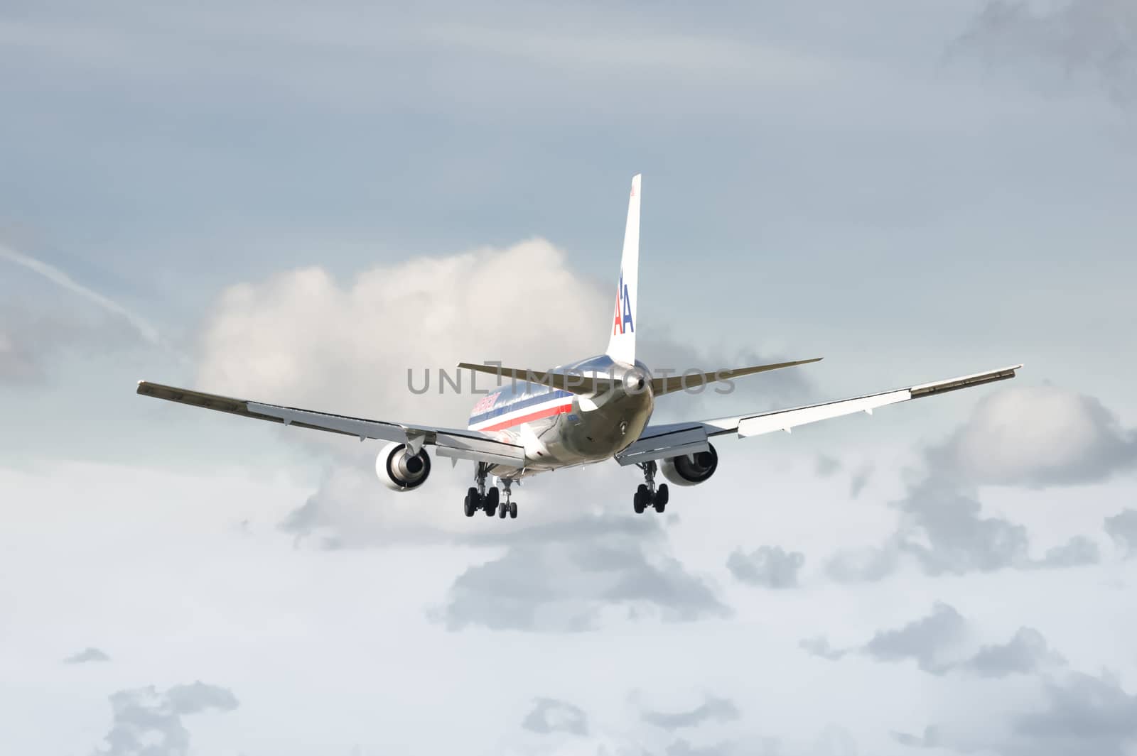 London, Heathrow, UK - October 30, 2012: American Airlines Boeing 767 on landing approach to London Heathrow Airport, UK