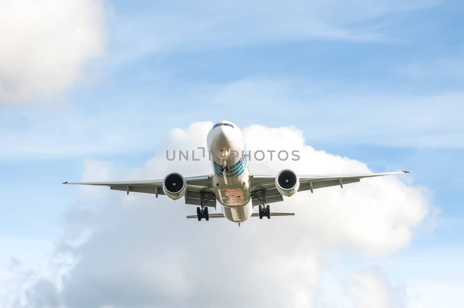 London, Heathrow, UK - October 30, 2012: Boeing 777 operated by EgyptAir on landing approach to London Heathrow Airport, UK