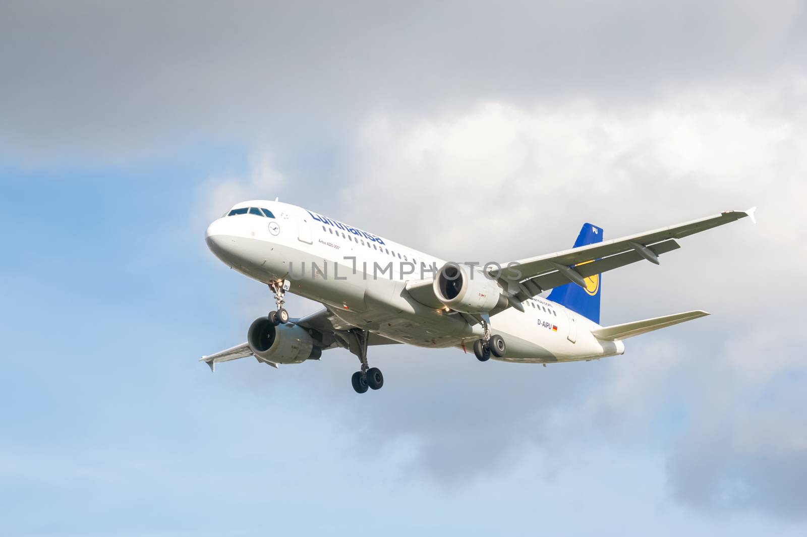 London, Heathrow, UK - October 30, 2012: Airbus A320 operated by German national airline Lufthansa on landing approach to London Heathrow Airport, UK