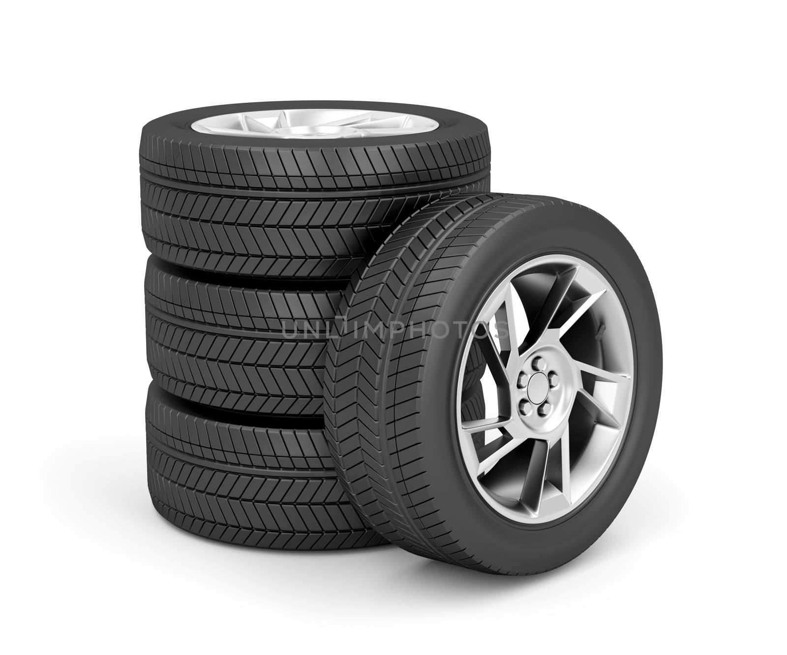 Set of car wheels on white background