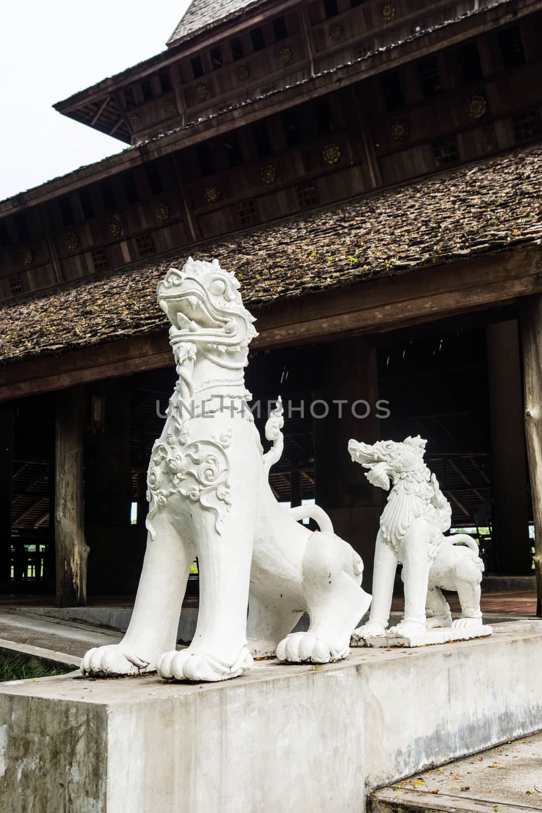 pair of Thai style singha that made with thai stucco pattern,Chiangrai,Thailand