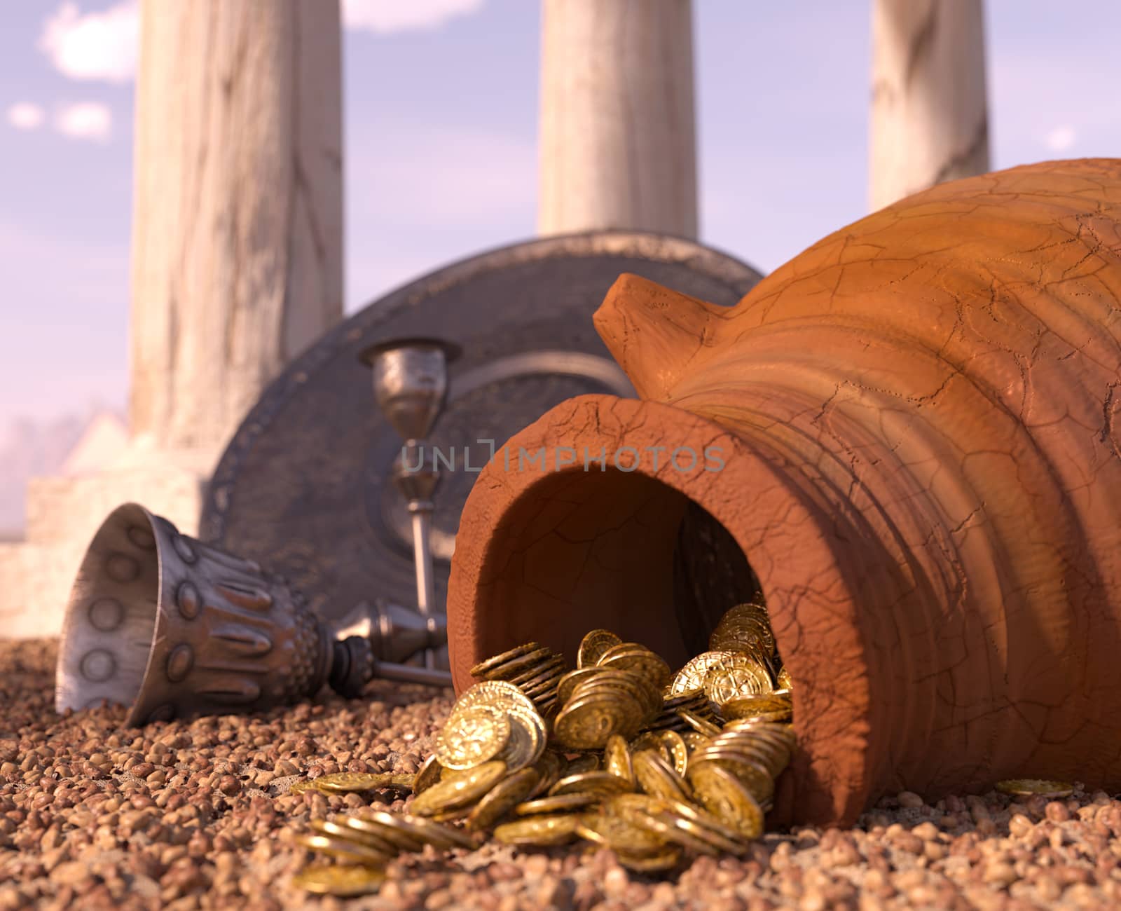 ancient gold coins treasure concept background with antique pitcher and chalice by denisgo