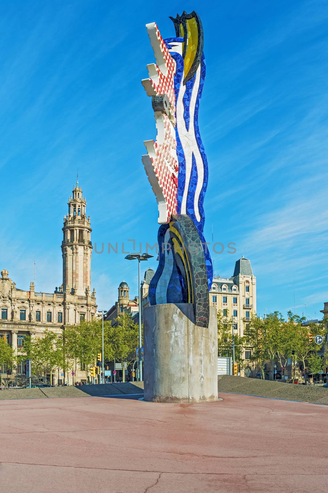 Barcelona, Spain - April 6, 2014:  View at The Barcelona Head sculpture (also known as Barcelona Face) was designed by American Pop Artist Roy Lichtenstein for the 1992 Olympic Games
