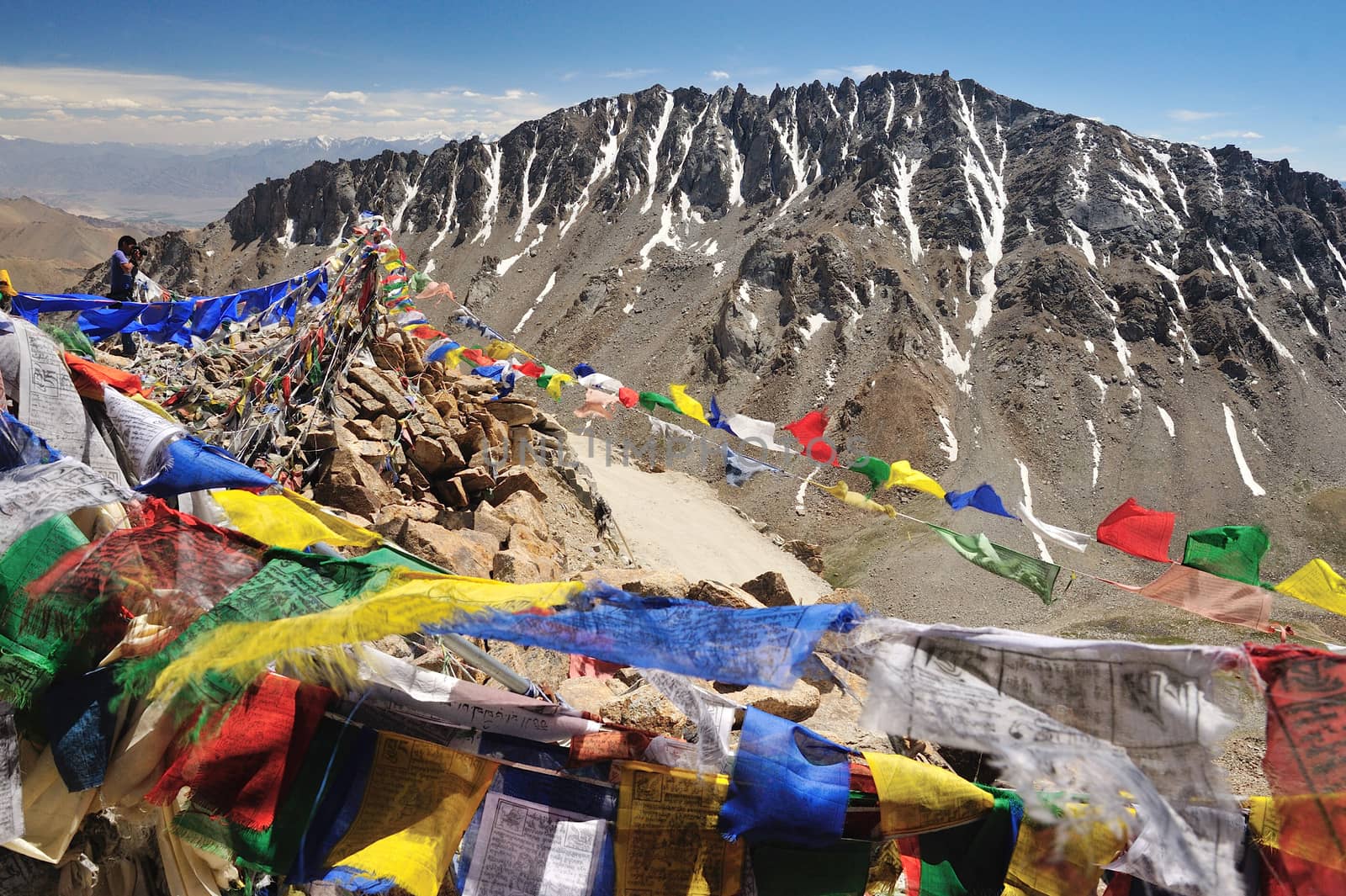 Tibetan flag at Khardungla Pass (The highest road in the world), by think4photop