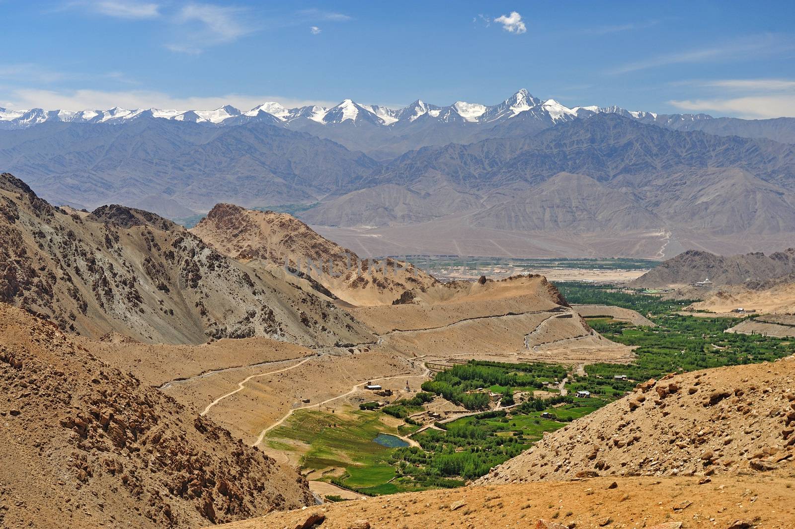 Beautiful scenic view of Leh valley, Ladakh range, Jammu & Kashmir, Northern India