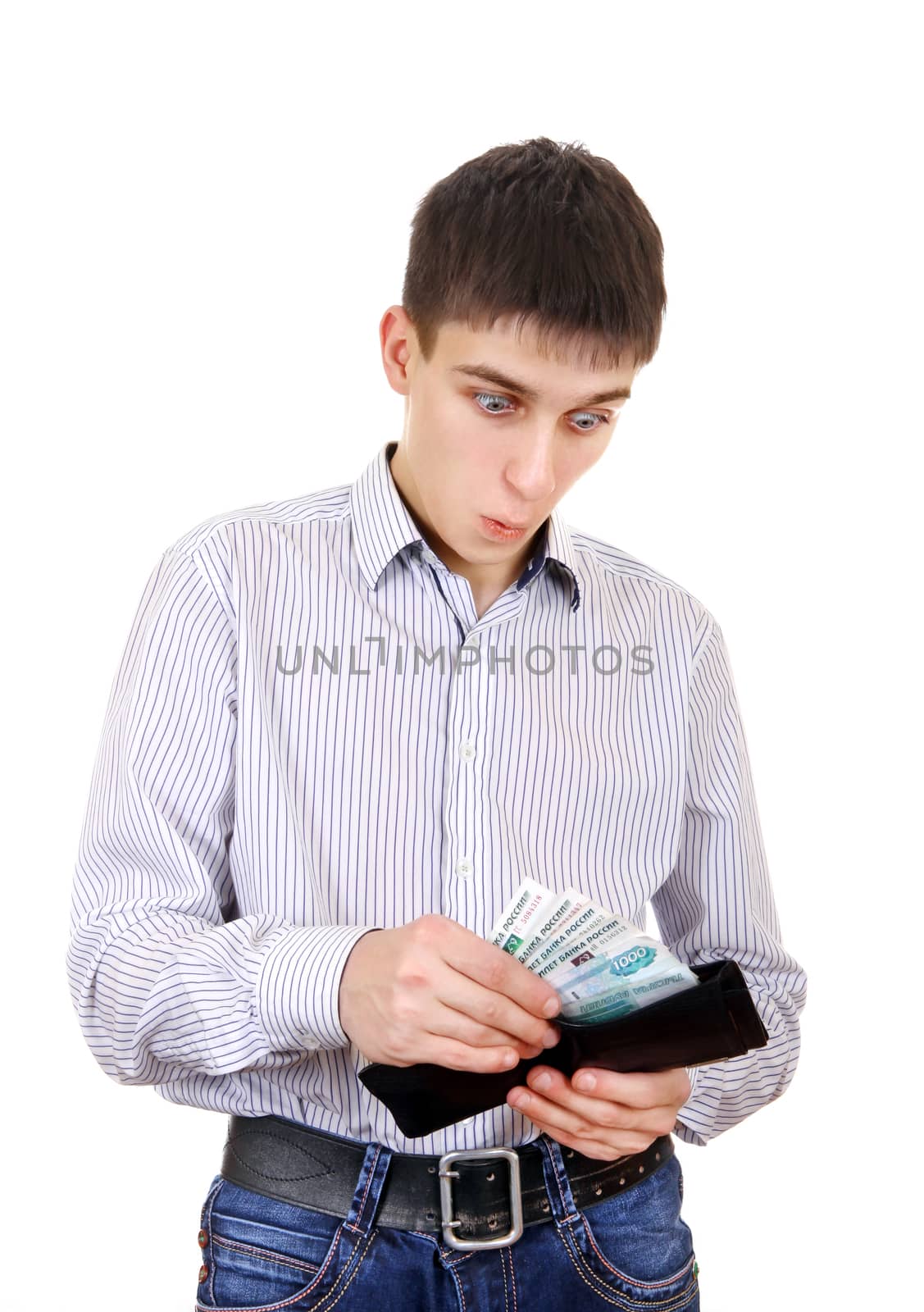 Surprised Teenager take out the Russian Currency from the Wallet Isolated on the White