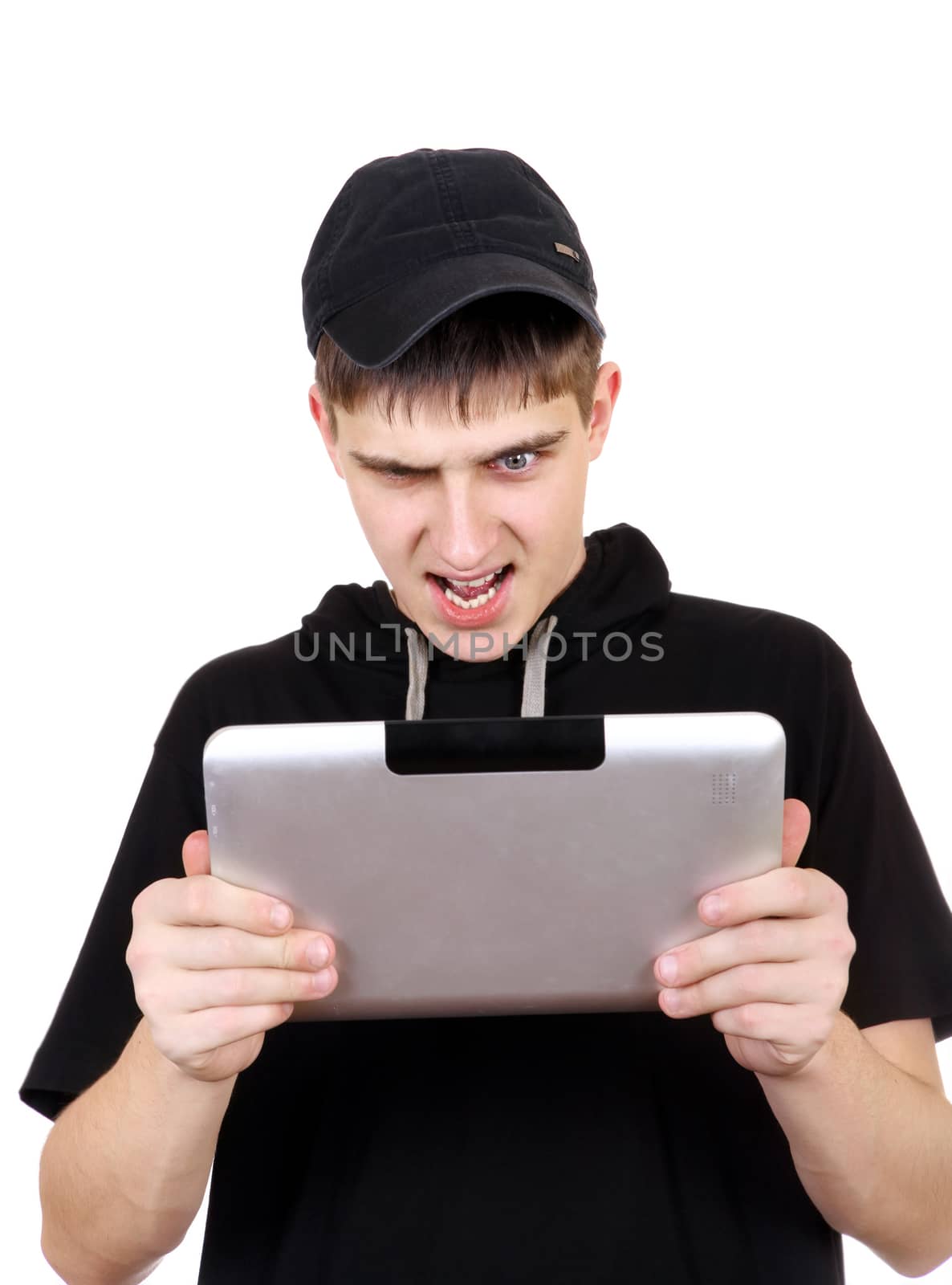 Angry Teenager with Tablet Computer Isolated on the White Background