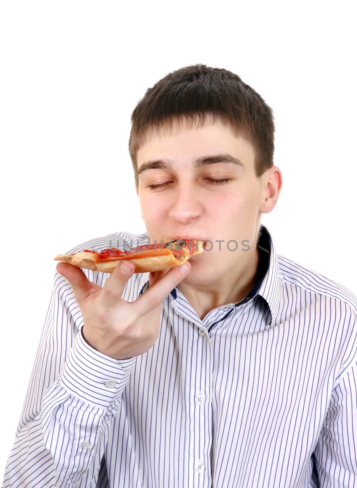 Teenager eat with pleasure Pizza Isolated on the White Background