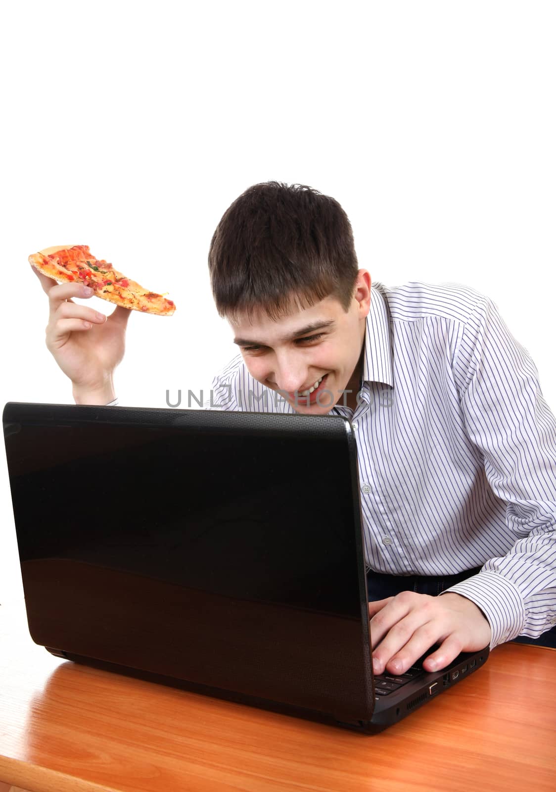 Cheerful Teenager with Laptop and Pizza Isolated on the White background