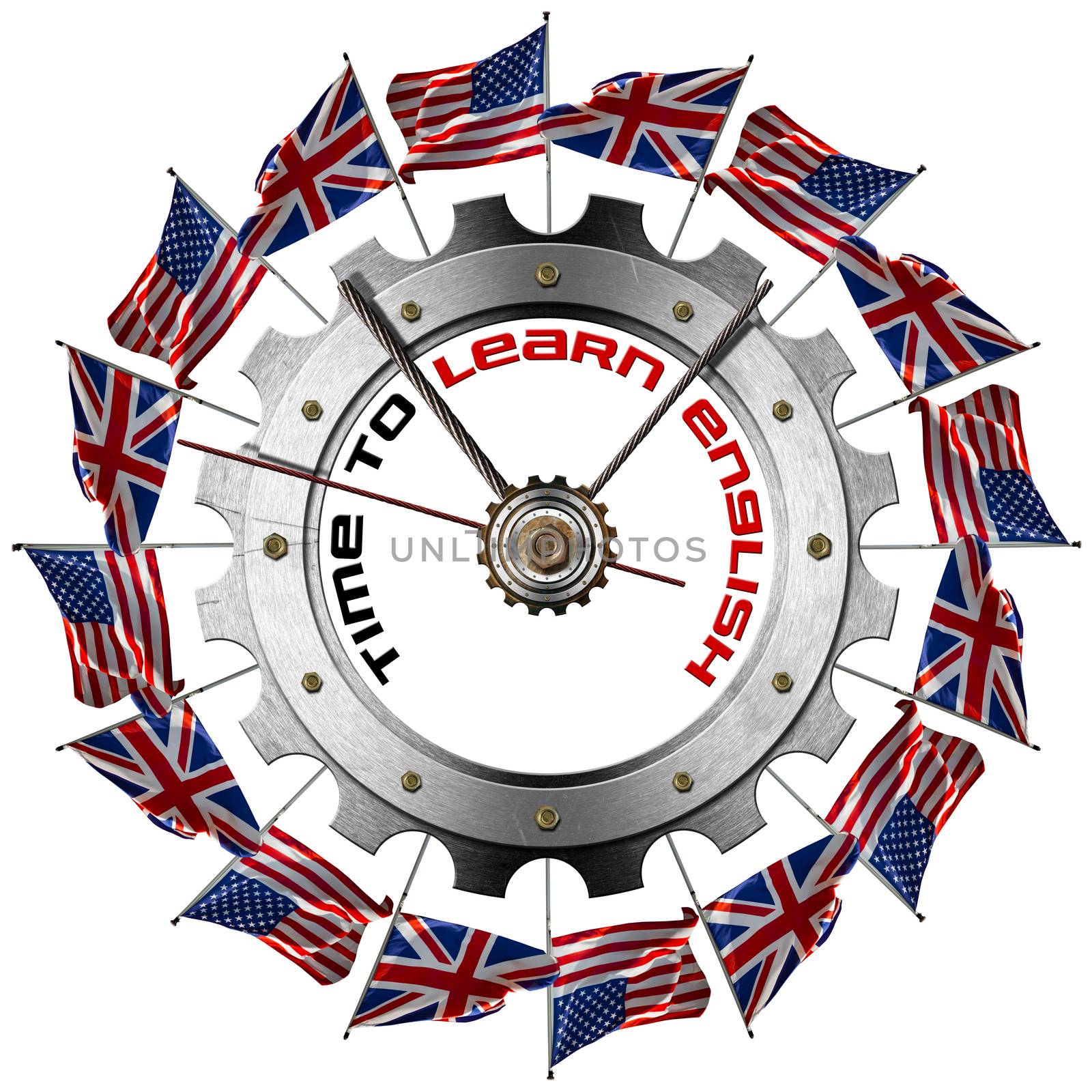 Metal clock gear-shaped with UK and US flags and phrase "Time to Learn English" on a white background
