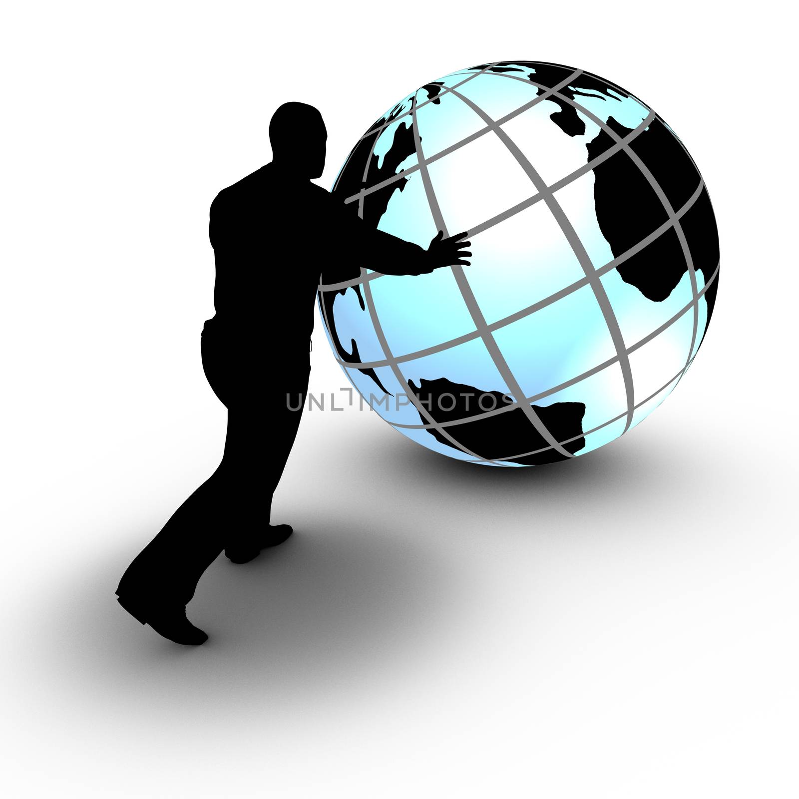This concept illustration shows a businessman that manages a world wide project by rolling the globe. The project advances and is under control.