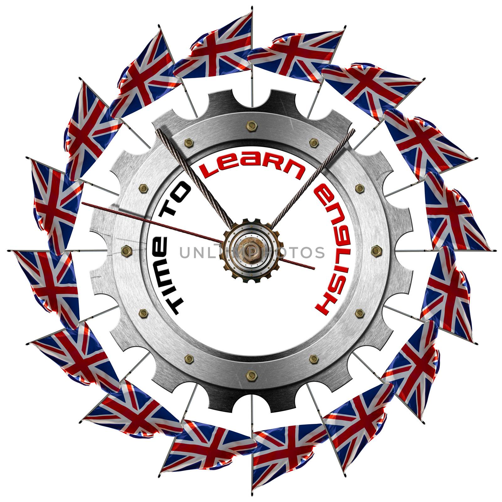 Metal clock gear-shaped with UK flags and phrase "Time to Learn English" on a white background
