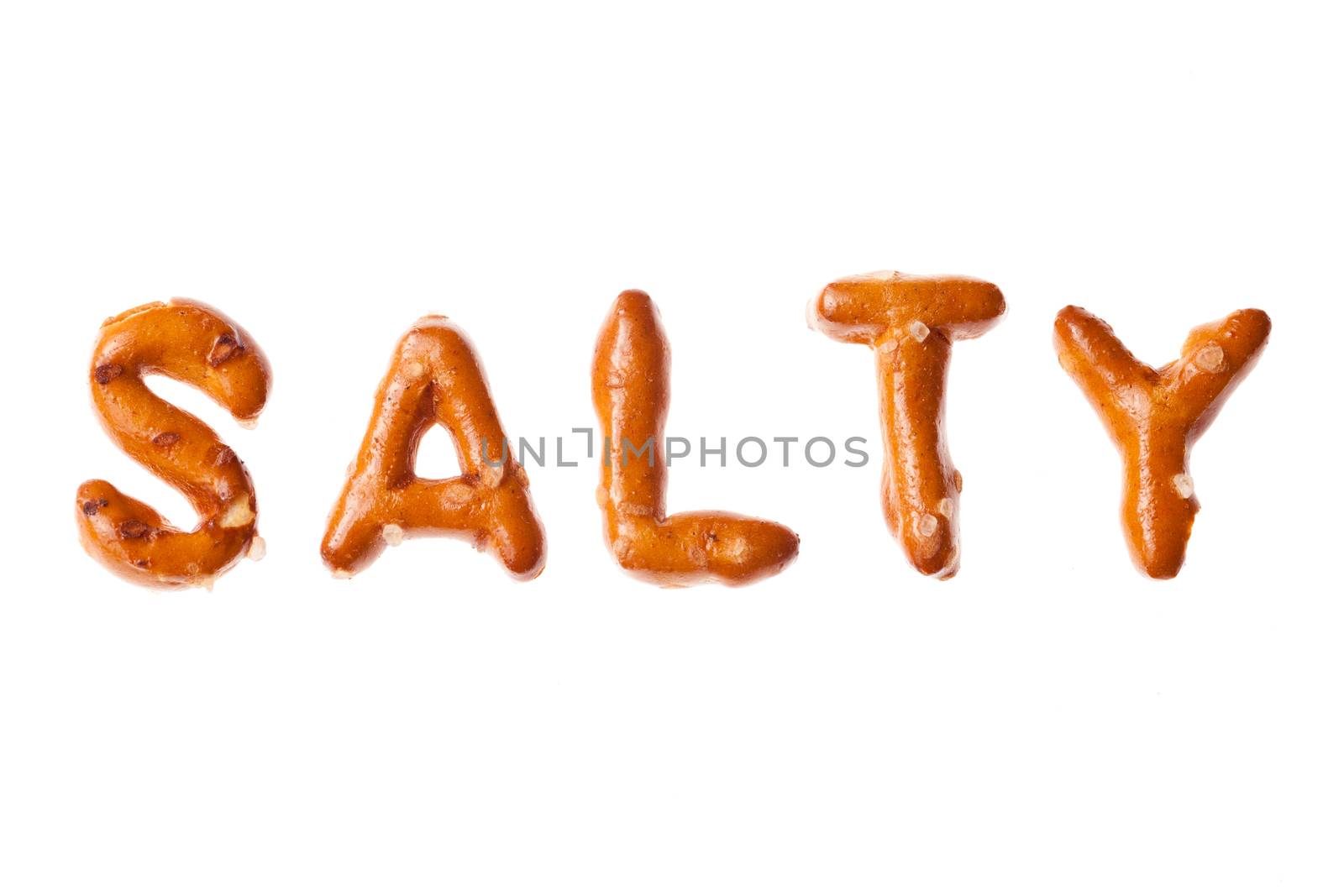 Alphabet pretzel written word SALTY isolated by PiLens