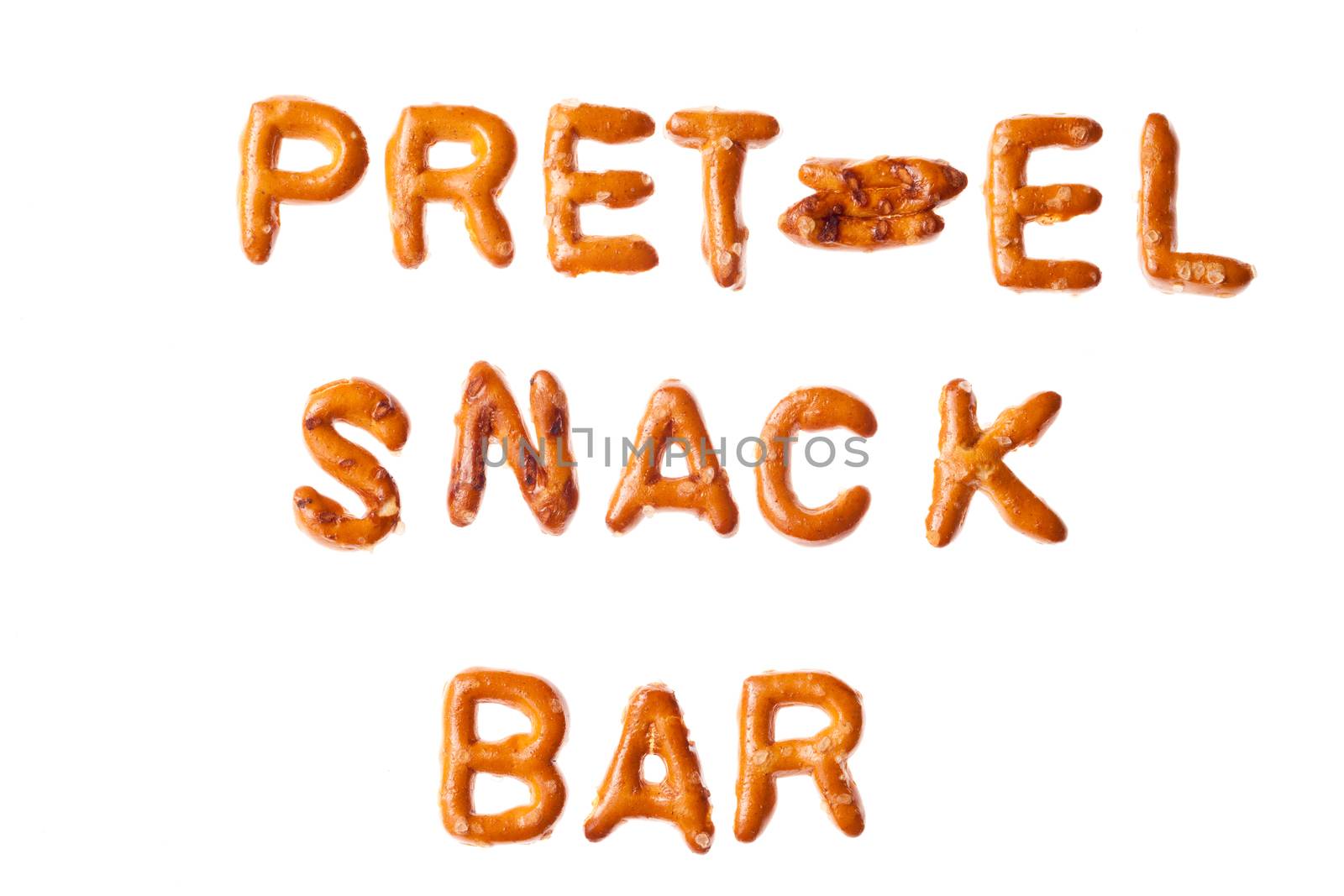 Words PRETZEL SNACK BAR written, laid-out, with crispy alphabet pretzels isolated on white background