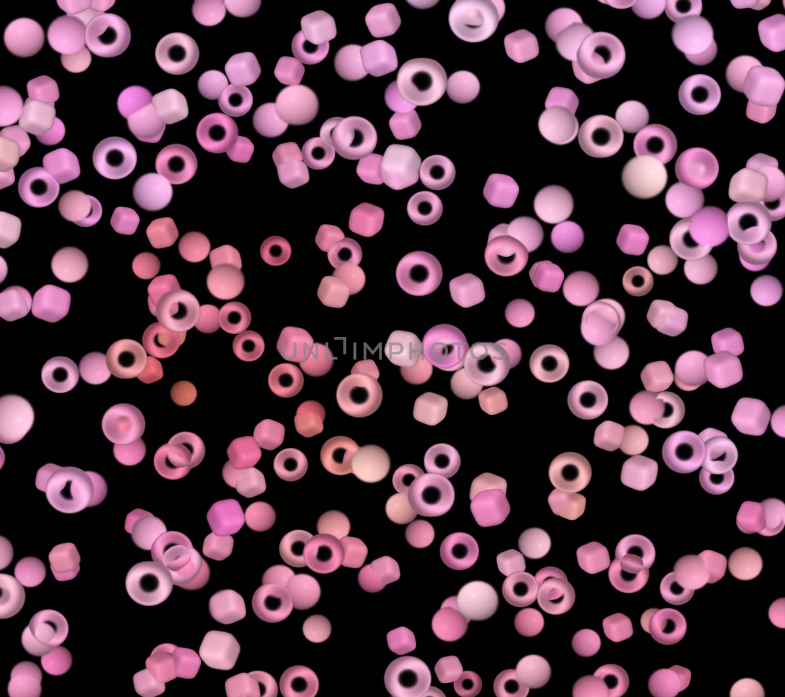 
Abstraction in the form of bulk pink rings and cubes on a black background