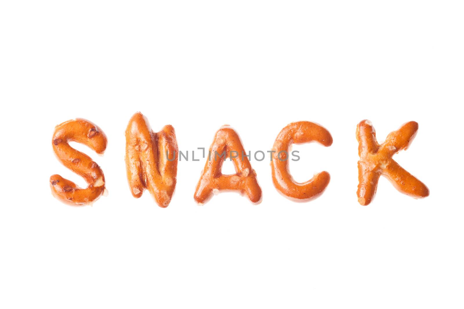 Word SNACK written, laid-out, with crispy alphabet pretzels isolated on white background