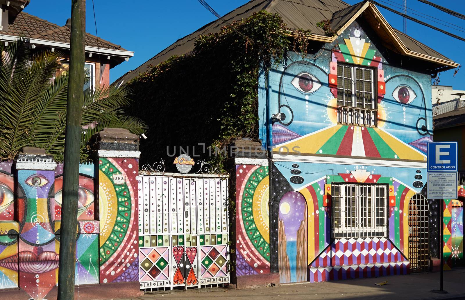 Brightly colored murals in Barrio Bellavista, Santiago, Chile. This neighborhood is renowned for its street art and for its many cafes, restaurants and bars.