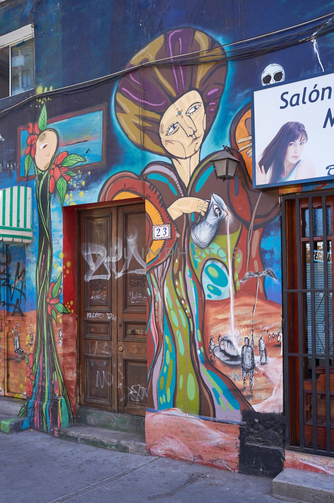 Brightly colored murals in Barrio Bellavista, Santiago, Chile. This neighborhood is renowned for its street art and for its many cafes, restaurants and bars.